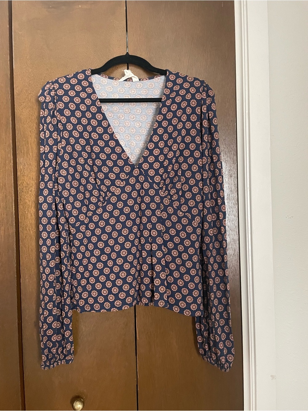 Boden Navy Floral V-Neck Long-Sleeve Blouse